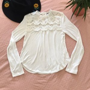 white long sleeve crochet-trimmed blouse